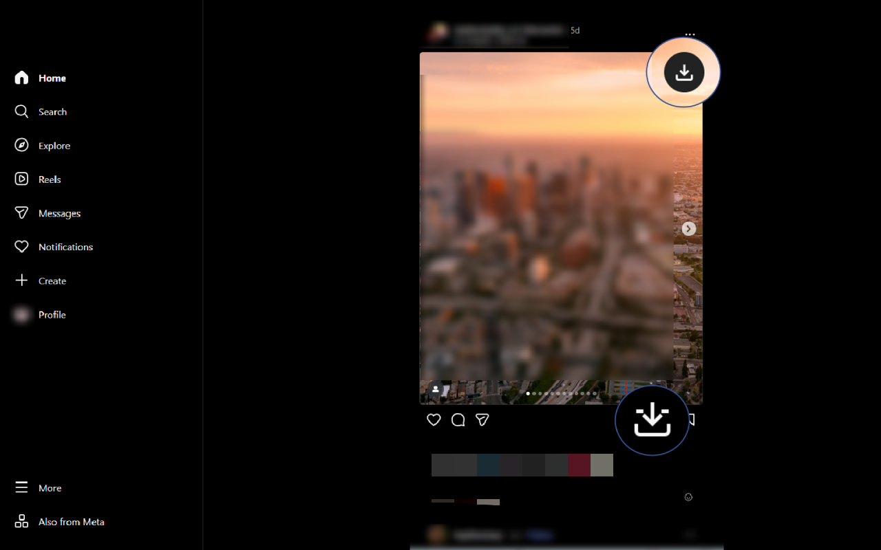 Instagram post with the Synivo download button overlaid — one click saves Reels, Stories and videos in original HD